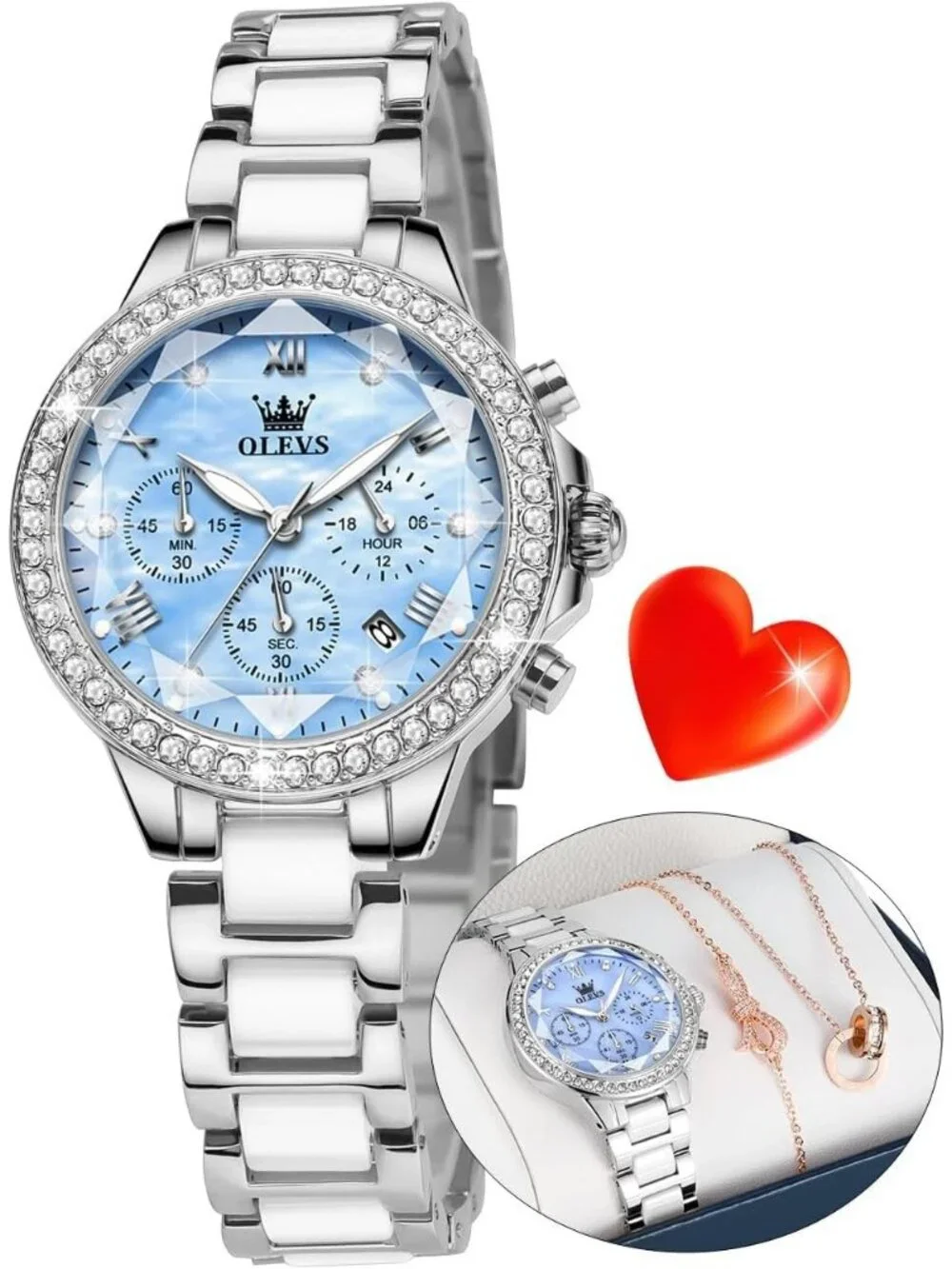 Women's Blue Set Shinning Elegant Luxury Necklaces & Bracelets Dress Wrist Watch